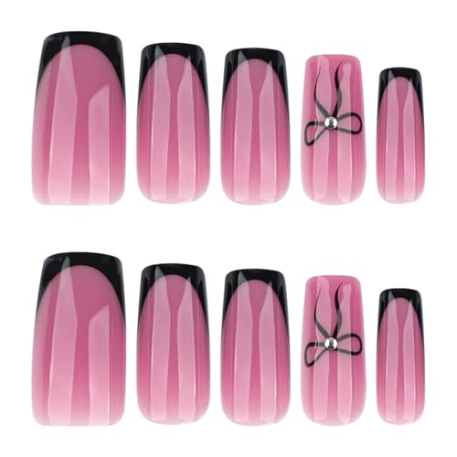 Image of Black French Tip Press on Nails Bow Fake Nails Medium Square False Nail Nude Glossy Full Cover Stick on Nail for Women DIY Decoration 24Pcs