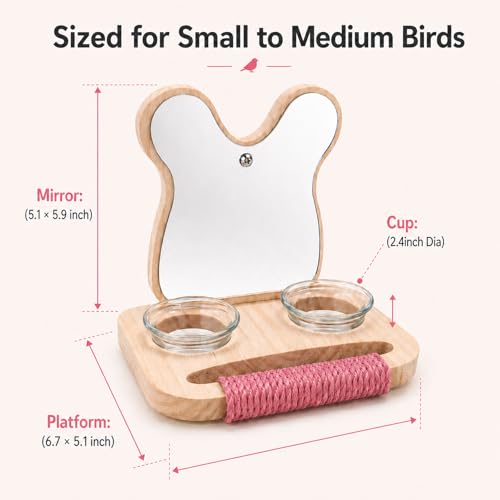 Image of Bird Mirror with Perch and Feeder, Wooden Birds Toys Bird Cage Accessories for Parrots to Expend Energy, Interactive Toys for Greys Amazons Parakeet Cockatiel Conure Lovebirds Finch Canaries