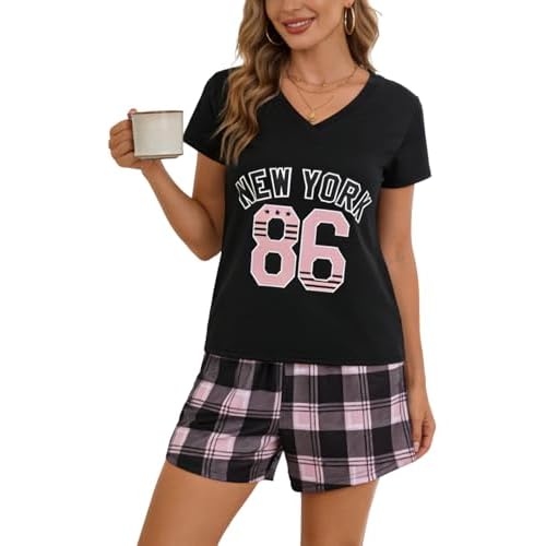 VENTELAN Pajama Set For Women Cute PJS Summer Short Sleeve Shorts Sleepwear X-Small Black-86
