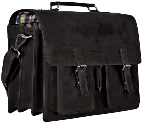 Marc Peter Amsterdam Aktentasche Leder XL Lehrertasche mit Laptopfach 15 6 Zoll große Ledertasche zum Umhängen Trolley aufsteckbar Dunkel Grey