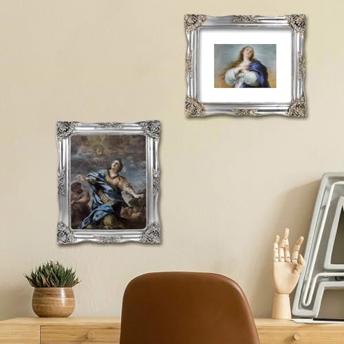 Image of Silver Picture Frame 8x10 Victorian Picture Frames Vintage Gothic | Wall or Tabletop Display, Real Glass, Fits 8x10 or 5x7 Photo with Mat
