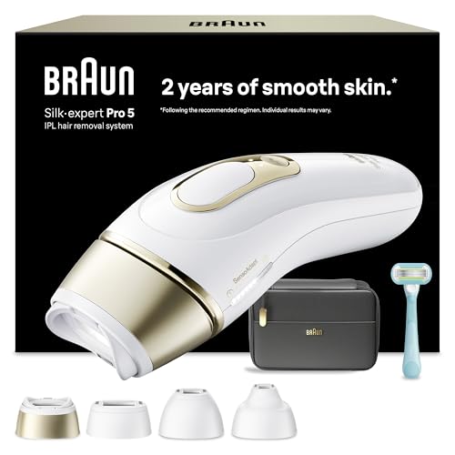 Braun Depiladora Luz Pulsada Silk·expert Pro 5, IPL, Depilación Láser en Casa para Cara Y Cuerpo, Reducción Permanente del Vello, Depiladora Laser con 4 Cabezales, Neceser Y Maquinilla Venus, PL5431