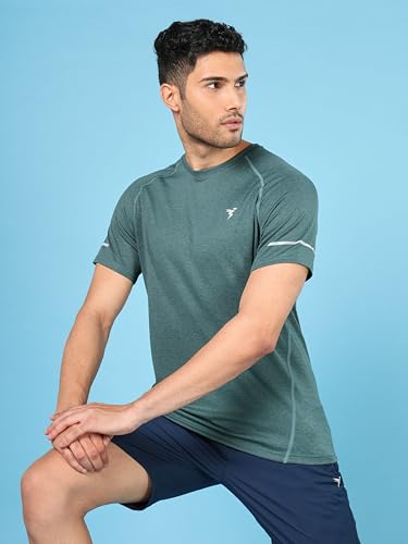 Image of TECHNOSPORT Men's Melange Slim Fit Round Neck T-Shirt Double Cool Raglan Sleeve Slip On Polyester for Gym Running Workout UPF50+ Anti Odour
