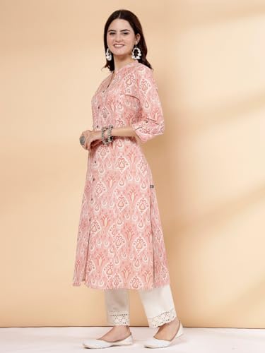 Image of Pistaa's Women's Cotton Regular Fit A Line Floral Print A-Line Regular Kurta