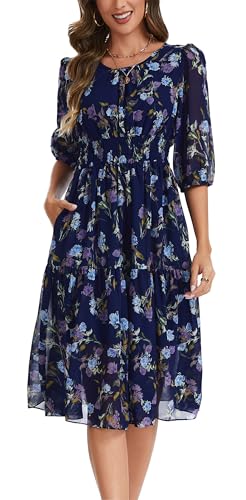Image of Kormei Women Casual Boho Floral Round Neck 3 /4 Sleeve Smocked Waist Tiered A Line Flowy Swing Midi Dress Long Dresses