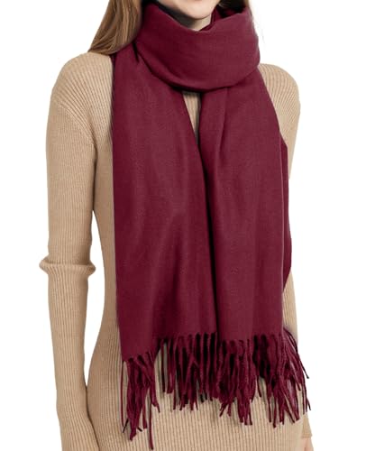 MYSSUCI Eleganter Damen Schal mit Fransen, 200x68cm, Weicher und Wärmender Winterscha Ideal für Hochzeit, Alltag und Outdoor Aktivitäten, Wein Rot