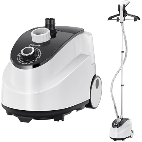 Professional Steamer for Clothes, Reemix Standing Steamer with Garment Hanger, Heats in 30 Seconds, Large Detachable Water Tank for 1 Hour Continuous Steaming, Includes Fabric Brush, Easy-roll Wheels Cover