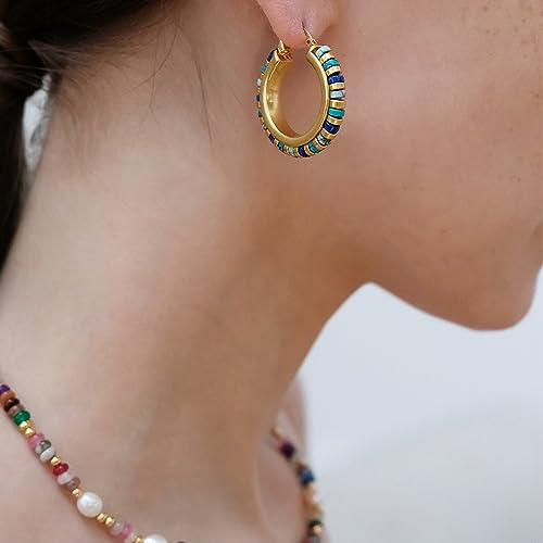 IBARA Vintage Turquoise Hoop Earrings for Women Natural Stone Earrings 18k Gold Plated Medium Hoop Earrings Bohemia Beads Gemstone Earrings Summer Beach Travel Hawaiian Dress Handmade Jewelry3