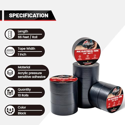 Image of RED WOLF Electrical Tape 1 Inch x 66 FT 10 Rolls Acrylates Copolymer Electric Flame Retardant Tape Waterproof High Temp 1000V Industrial Grade Used for Automotive Insulating Wrapping Wire Cable