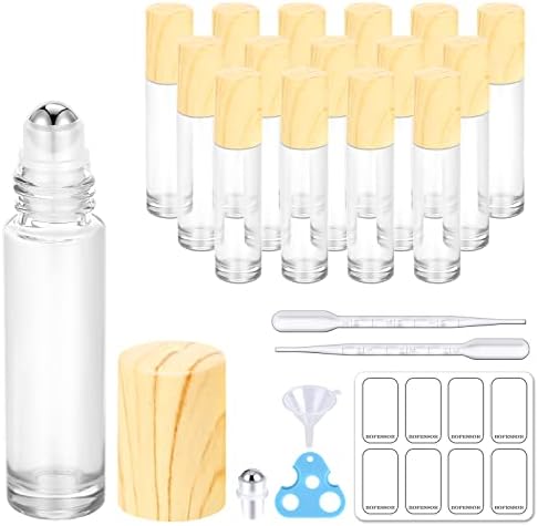 bofessor Essential Oil Roller Bottles 16 Pack, 10ml Clear Glass Roller Bottles with Bamboo Lids, Opener, Pipettes, Plastic Funnel, 20 Stickers, Refillable Container for Perfume with Wooden Lids