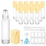 bofessor Essential Oil Roller Bottles 16 Pack, 10ml Clear Glass Roller Bottles with Bamboo Lids, Ope