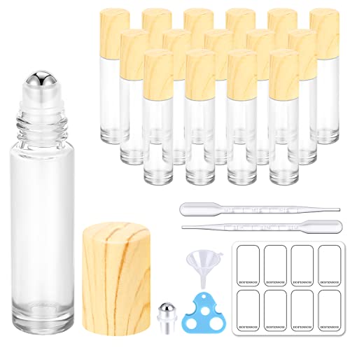Bofessor Essential Oil Roller Bottles 16 Pack, 10Ml Clear Glass Roller Bottles With Bamboo Lids, Opener, Pipettes, Plastic Funnel, 20 Stickers, Refillable Container For Perfume With Wooden Lids #TOP3
