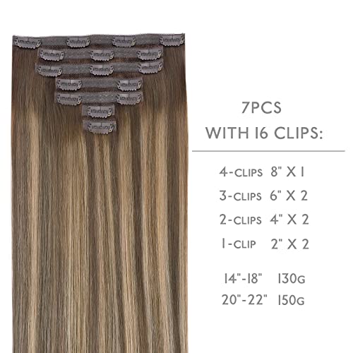 Image of WENNALIFE Lace Seamless Clip in Hair Extensions Human Hair 7pcs Ultra Invisible 50% Thinner Seamless Clip Ins Balayage Chocolate Brown to Caramel Blonde Natural Remy Hair 22 inch
