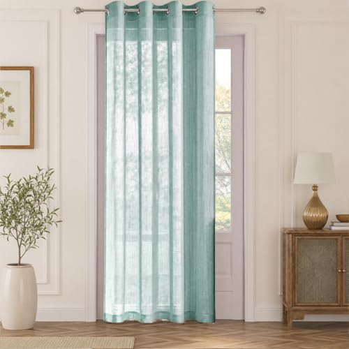 Image of HOKIPO Breeze Sheer Curtain 7 Feet Long 1 Panel, Linen Look, Aqua Green