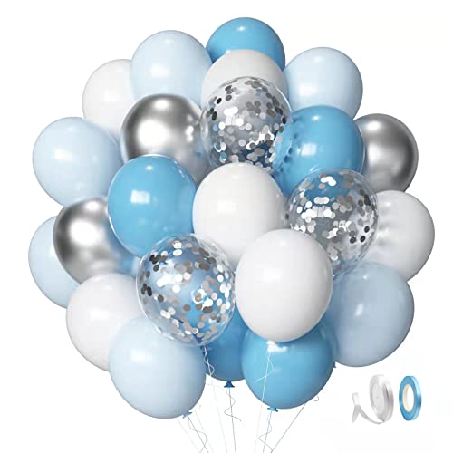 Ballon Bleu et Blanc Argent Sipeayan 50 Pcs 30cm Ballon Baudruche Pastel Bleu Clair Blanc Argent Confettis Métallique Ballons Latex pour Enfants Garçon Anniversaire Baby Shower Baptême Décoration