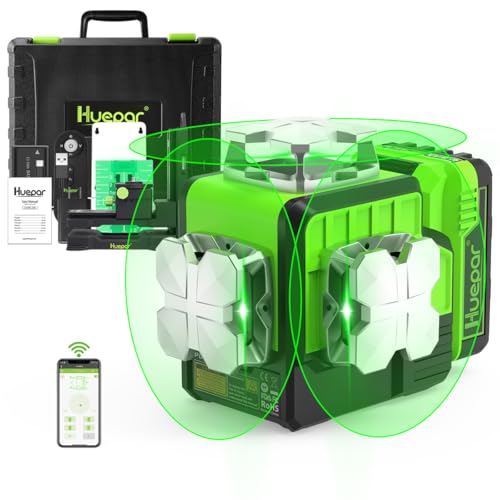 Huepar Nivel láser 4x360° Autonivelante, haz verde 4D, conectividad Bluetooth, herramienta láser 360 líneas láser horizontales y verticales, control remoto, estuche rígido, soporte magnético incluido