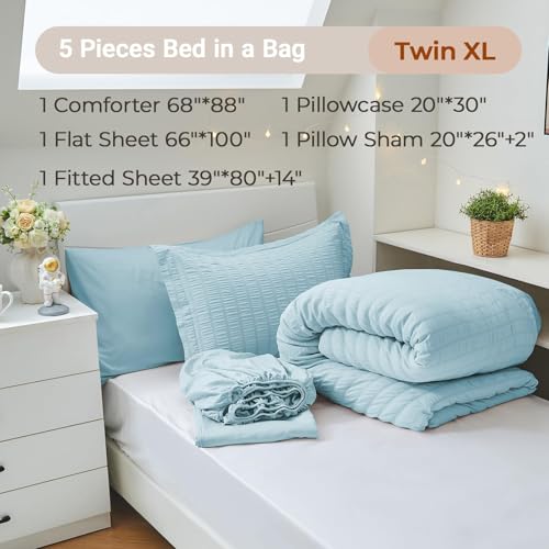 Image of MUXHOMO 5 Pieces Twin XL Comforter Set, Seersucker Bed in a Bag Twin XL Size, All Season Luxury Bedding Set with Comforter, Flat Sheet, Fitted Sheet, Pillowcase & Sham, Lake Blue