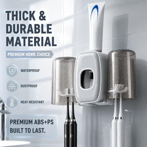 Image of COMFYHOME Tooth Brush Holder Bathroom, Automatic Toothpaste Dispenser, Self Adhesive Brush Stand for Bathroom Wall, Toothbrush Organizer with 2 Mouthwash Cups, 4 Slots Wall Mount Toothbrush Holders