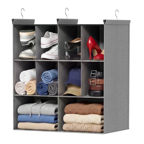 3-Tier-Hanging-Closet-Organizer-10-Compartments-Dual-Row-Storage-Grey 3 Tier Hanging Closet Organizer, 10 Compartments Dual Row Storage, Grey - Image 1