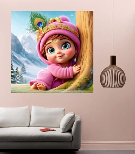 Image of Akki Wold Cute Eyes Pink Krishna Back Snow Mountain Wall Poster For Living Room, Office, Pooja Room (Size - 46CM X 46CM)