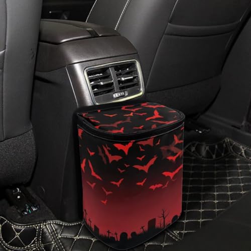 Image of Halloween Red Black Bats Garbage Can /Bag with Lid Organizer and Storage Bag Auto Rubbish Bags Universal Car Accessories Interior Decoration