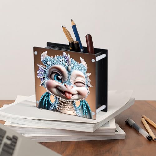 Image of DIY 5D Diamond Painting Holder, Fantasy Dragon Acrylic Pen & Makeup Organizer, Diamond Art Desk Pencil Cup and Storage for Adults, Home Office Art Supplies