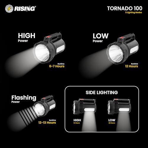 Image of RISING Tornado 100 Rechargeable LED Searchlight | 10W LED | 6000mAh Battery | 5 Lighting Modes | Emergency Side Light | USB-C Charging with Power Bank Option | Long-Range Visibility