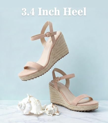 Image of Ankis Platform Wedge Sandals for Women, Black Brown White Nude Espadrille Womens Wedge Sandals Comfortable Open Toe Ankle Strap High Heel Wedges for Women Dressy Summer -3.4Inch