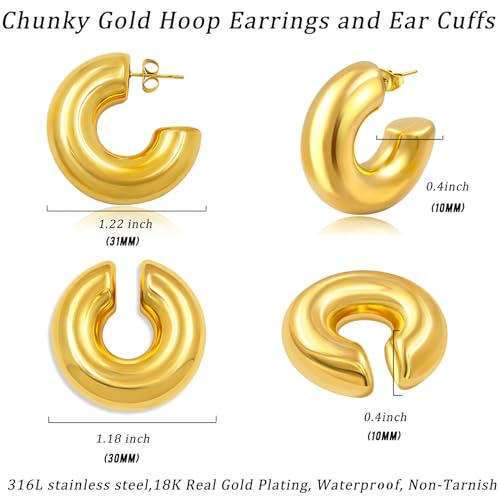 Ronglry-Chunky-Gold-Hoop-Earrings-and-Ear-Cuffs-for-Women-Non-Piercing-Hollow-Lightweight-Stainless-Steel-Thick-Open-Hoops-Earrings-with-18K-Gold-Plated-Chunky-Ear-Cuff-Hypoallergenic-Huggie-Clip-On-E