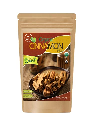 True Organic Ceylon Cinnamon Sticks, 08 ounces Bulk Bag, Certified Organic, USDA & Kosher Certified, Non-GMO, Ceylon Cinnamon, Cinnamon Stick, Cinnamon Sticks, Perfect for Baking, Cooking, Drinks & Beverages, Pure Ceylon Premium Quality [ 227g ]