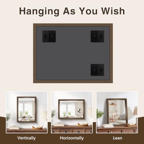 Image of Bathroom Mirror, 18 x 24 inch Walnut Wood Grain Colored Aluminum Metal Frame Bathroom Vanity Mirror, Rectangle Wall Mirror for Bedroom Living Room, Tempered Glass, Horizontal or Vertical