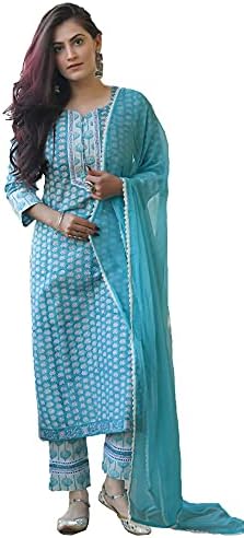 Arayna Women's Cotton Printed Straight Kurti Palazzo Pants Set with Dupatta