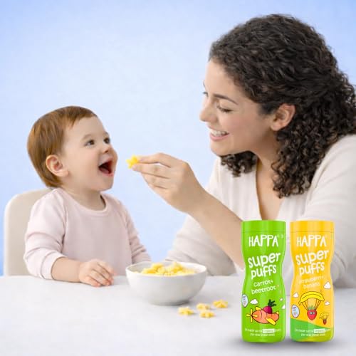 Image of Happa Carrot Beetroot and Strawberry Banana Baby Puffs | Melt-in-the-Mouth Finger Food for Babies | Supports Self-Feeding & Baby-Led Weaning | No Artificial Flavours or Colours | Stage 2 (8 Months+) | Pack of 2 (40g Each)