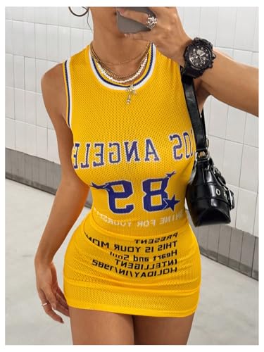 Women's Jersey Dress Number Letter Graphic Jersey Dress Y2k Crew Neck Sleeveless Bodycon Mini Tank Dresses Streetwear3