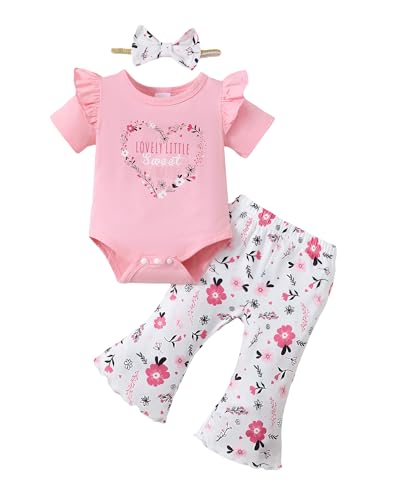 SUNNY PIGGY Baby Girl Clothes Ruffle Short Sleeve Romper Long Pants Set with Headband Newborn Infant...