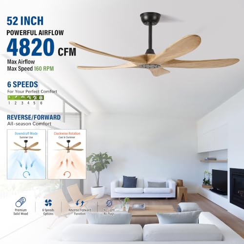 ECZ 52 Inch 5 Curved Upturned Wood Blades Ceiling Fan Without Lights