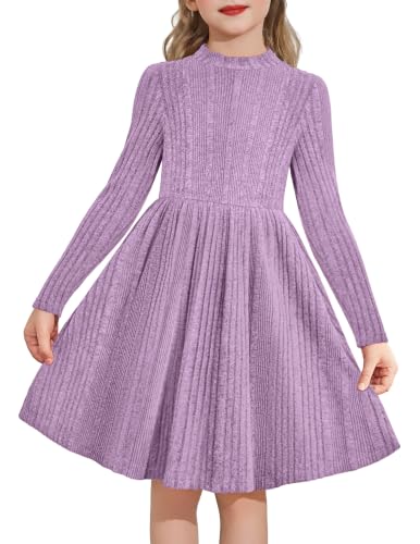 Image of Arshiner Girls Sweater Dress Ribbed Knit Dresses for 9-10 Years Purple