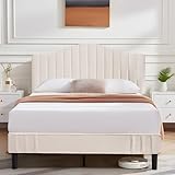 VECELO Full Size Beds Upholstered Platform Bed Frame with Height-Adjustable Teddy Fabric Headboard/Strong Wood Slats Supports / 7.9'' Under Bed Storage Space/Noise Free/No Box Spring Needed, Cream