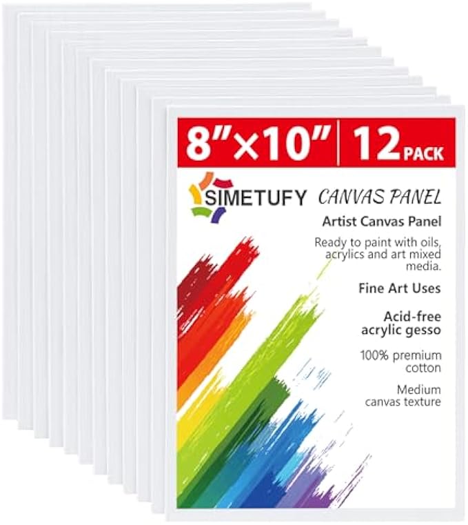 Simetufy Canvas Boards for Painting 12 Pack,8 x 10 Inch Painting Canvas Panels, Blank Canvas for Painting- Gesso Primed Acid-Free 100% Cotton for Acrylics Oil Watercolor Tempera Paints