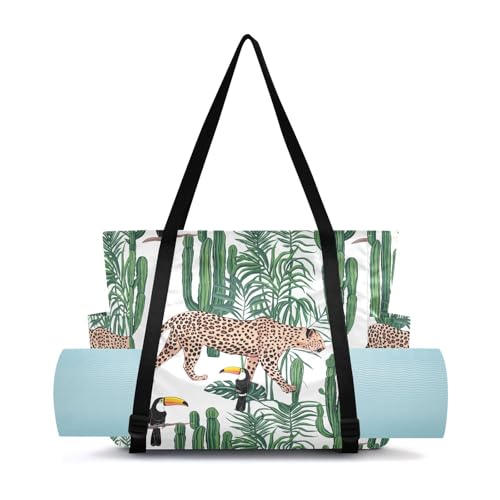 Lxqimora Leopard Cactus Tropicalplants Yoga Mat Bag for Women Water-Resistant Gym Bag with Yoga Mat Holder Tote Bag for Gym Travel Office Pilates