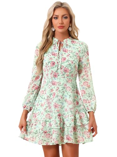 Image of Allegra K Women's Spring Dresses 2026 Tie V Neck Semi Sheer Long Sleeve Layered Tiered Chiffon Mini Floral Dress