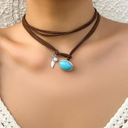 Boho Choker Necklace for Women Brown Suede Choker Necklace Western Cowgirl Choker Necklace Turquoise Coin Leather Choker Western Boho Necklaces4