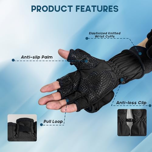 Riverruns Winter Fishing Gloves Convertible Mittens Fingerless for Men Women, Ideal for Ice Fishing, Photography, Hunting, Black, L by Riverruns - Image 3