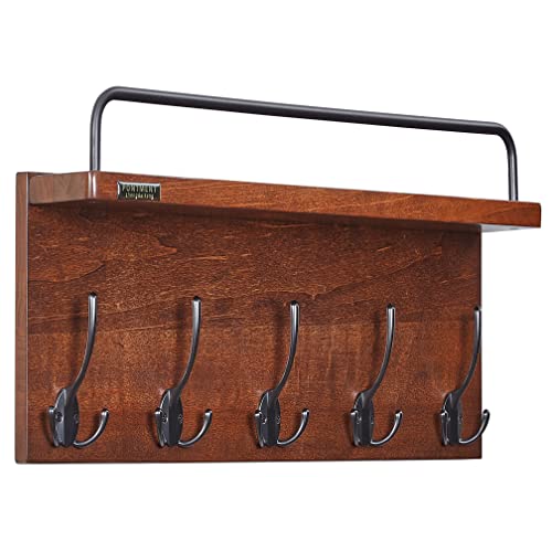 Pontment Coat Rack With Shelf Towel Rack,Wall Mounted With 5 Rustic Hooks, Mount Coat Hook With Floating/Mudroom/Kitchen/Bathroom/Shelf For Hats,Coats.(Light Walnut) #TOP4