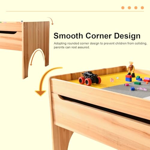 Image of BIRASIL Wooden Kids Activity Table with Storage, Multi-Purpose Sensory Table for Children, Play Table Compatible with Building Block Board for Preschool Toddler Boy & Girl (Classic-with Drawer)