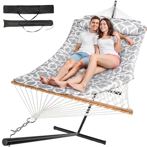 Double Hammock with Stand, 2 Person Cotton Rope Hammock with Remo...