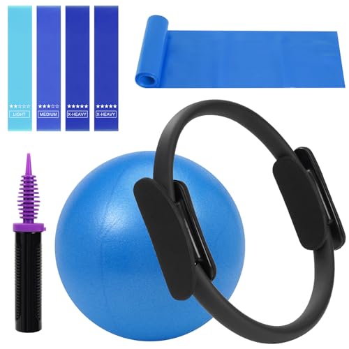 WENDISI Pilates Ring Fitness Circles Set, High Resistance Yoga Ring Pilates Equipment Set for Women Includes Pilates Ring, 9 Inch Small Exercise Ball, 5 Resistance Bands at Home Pilates Workout Set