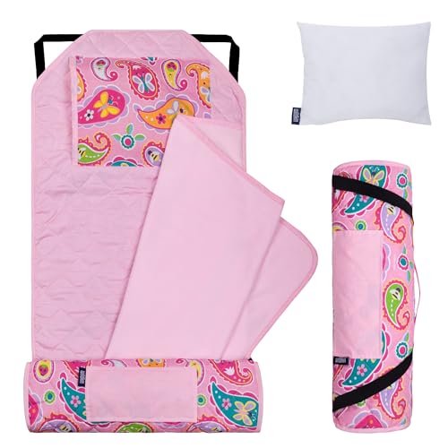 Image of Wildkin Modern Kids Nap Mat with Pillow for Girls - Soft & Cozy Cotton Blend, Elastic Straps, Toddler Sleep Mat for Daycare, Preschool, Kindergarten & Travel, Ages 3-7, Machine Washable - Paisley