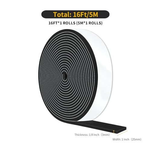 Image of Foam Weather Stripping Tape,High Density CR,1 in x 1 /8 in x 16 Ft | Weather Stripping Door Seal Strip for Insulating Door Frame, Window, Air Conditioner,Self Adhesive Sealing Weatherstrip,Black