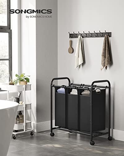 SONGMICS LSF003B kosz na pranie z 3 przegródkami, z kółkami, do sortowania prania, z uchwytami, wyjmowane kieszonki materiałowe, czarny